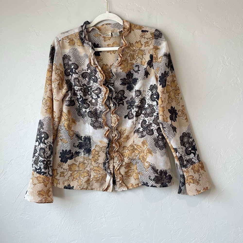 Women's Blouse Ruffle Sheer Button Up Y2K Steampunk 90sWitchy Floral Boho Career